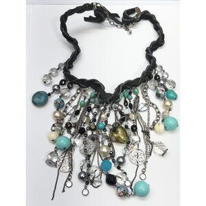 Vintage black braided suede beaded charm necklace
